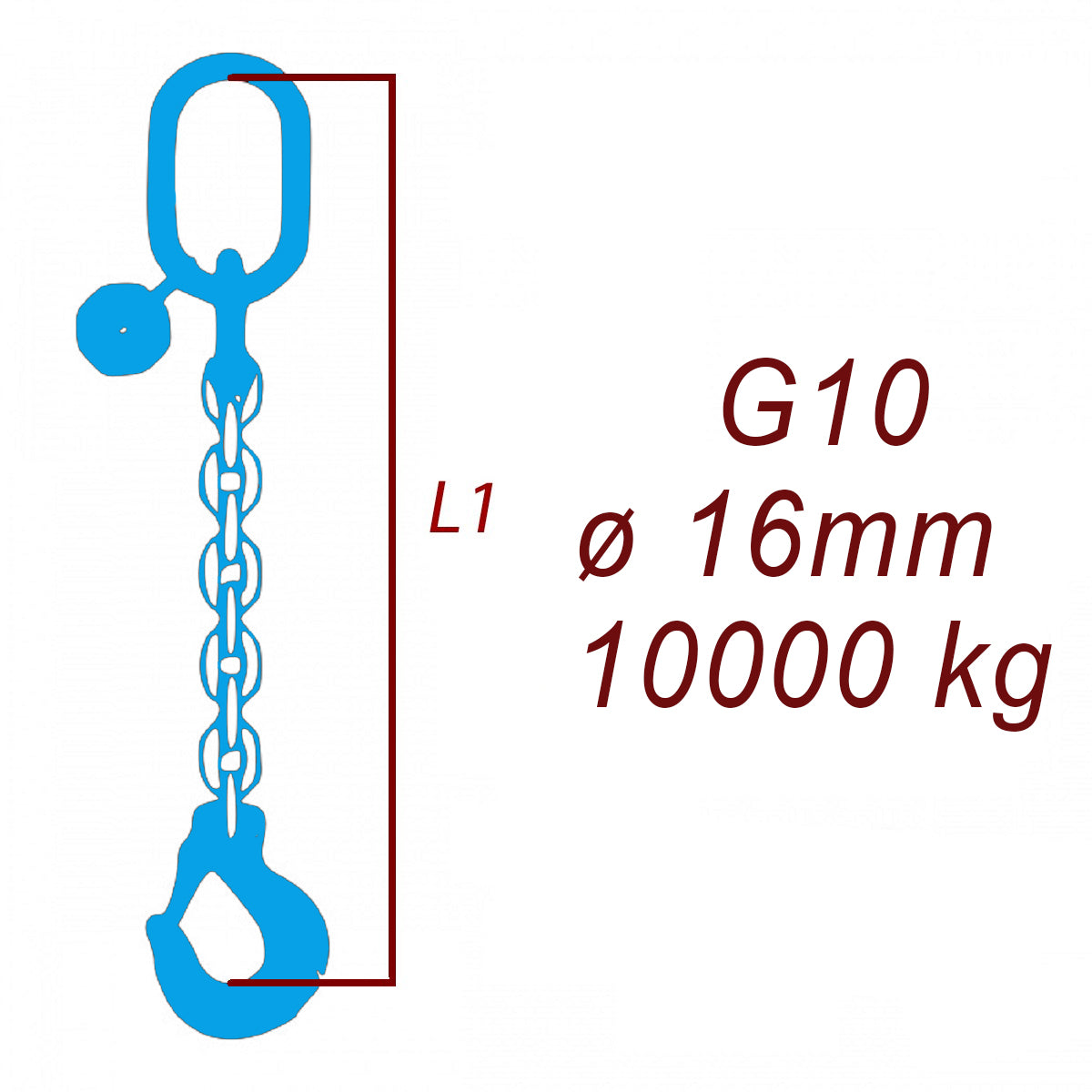 Vázací řetěz třídy 10, jednopramenný, oko-hák, průměr 16mm, nosnost 10000kg