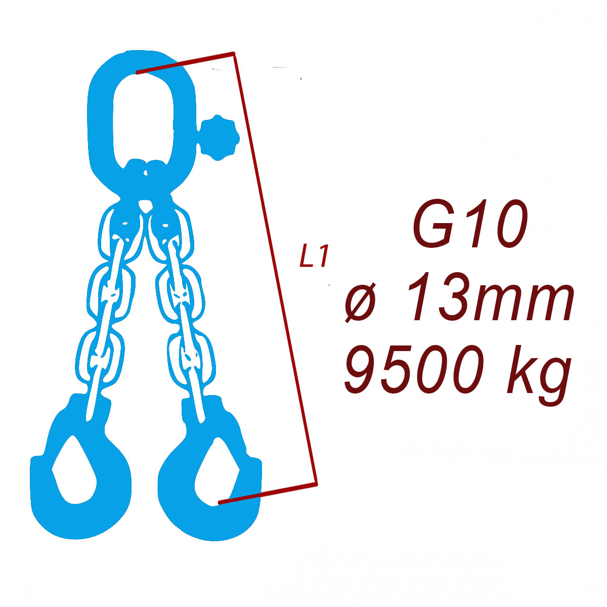 Vázací řetěz třídy 10, dvoupramenný, oko-hák, průměr 13mm, nosnost 9500kg