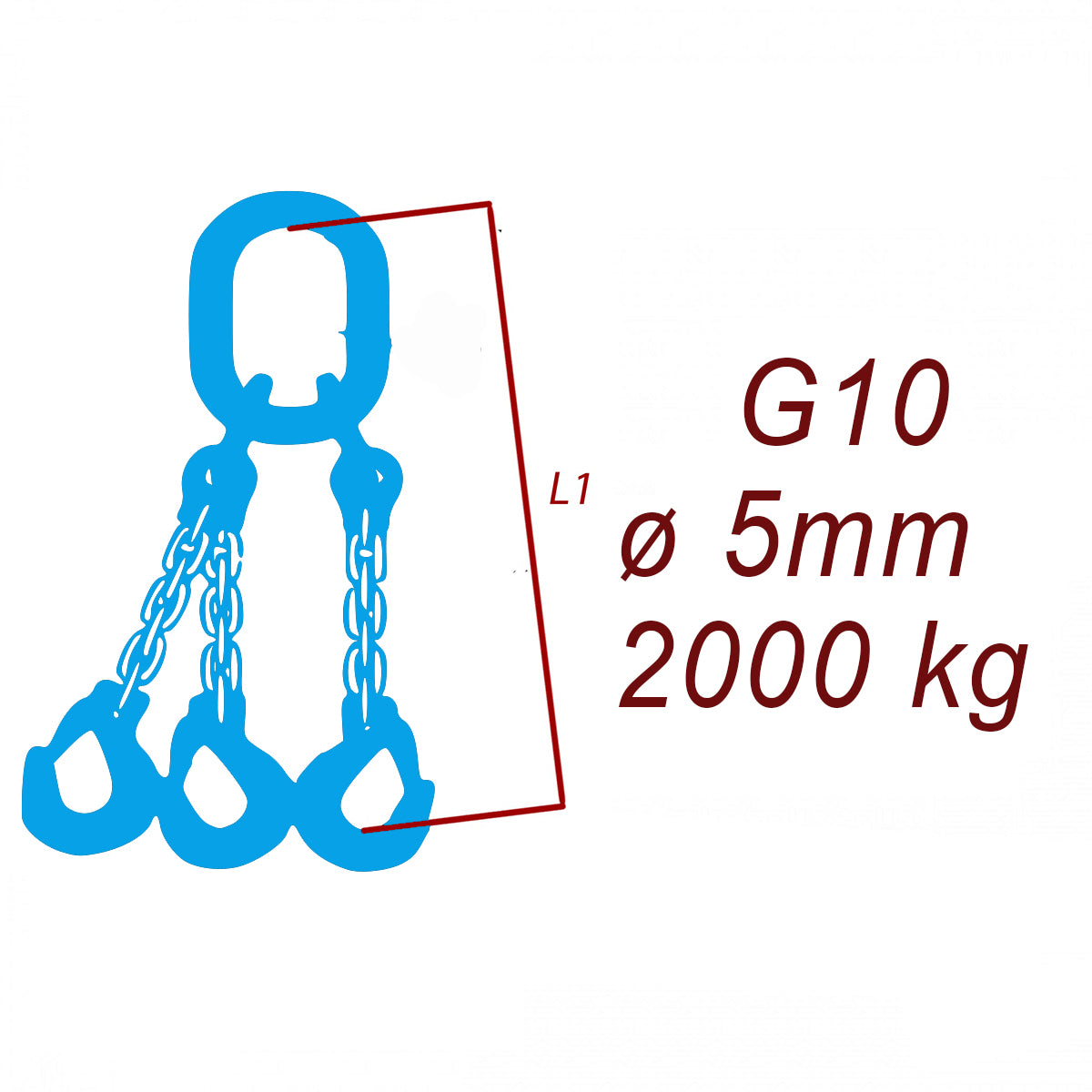 Vázací řetěz třídy 10, třípramenný, oko-hák, průměr 5mm, nosnost 2000kg