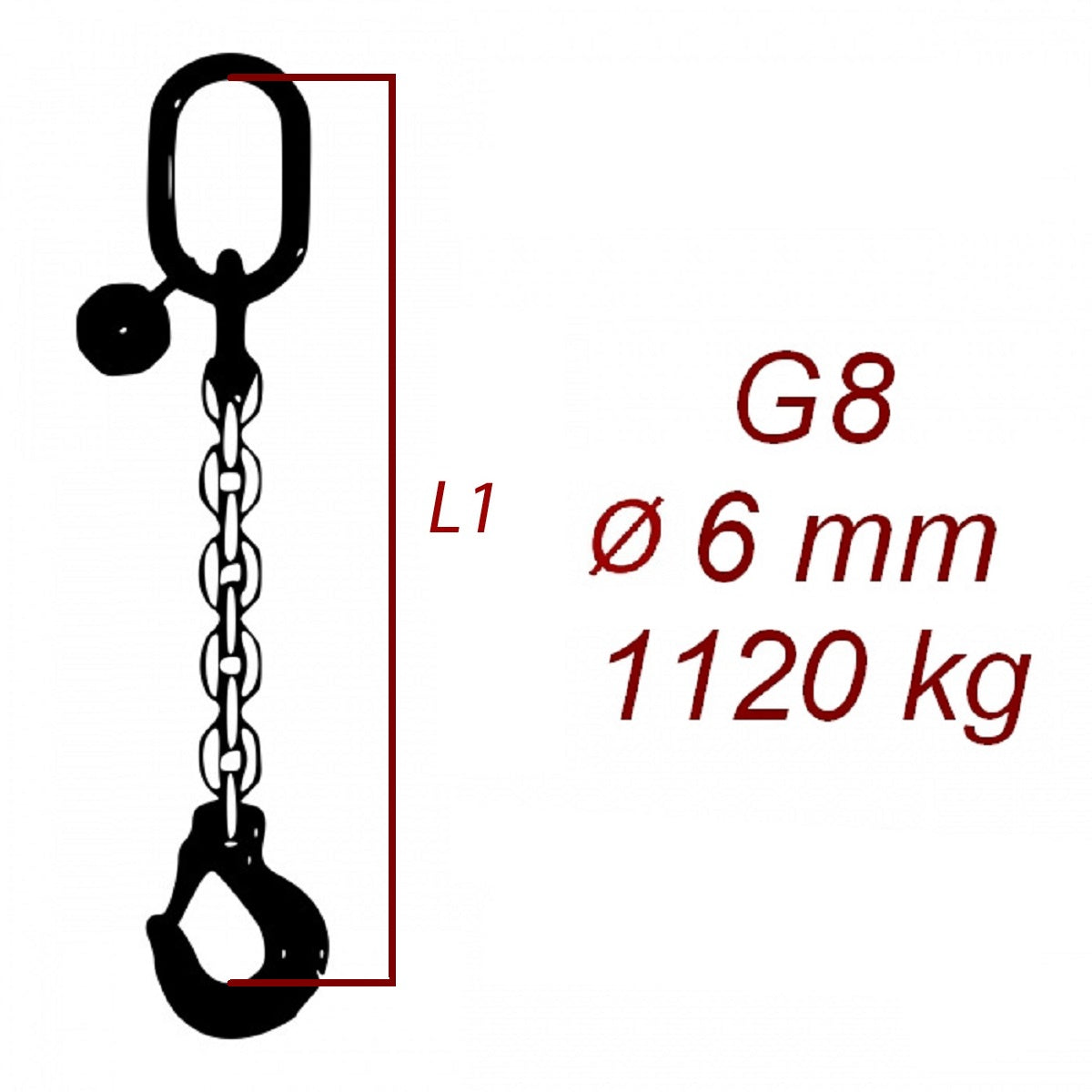 Vázací řetěz třídy 8 jednopramenný, oko-hák, průměr 6mm, nosnost 1120kg