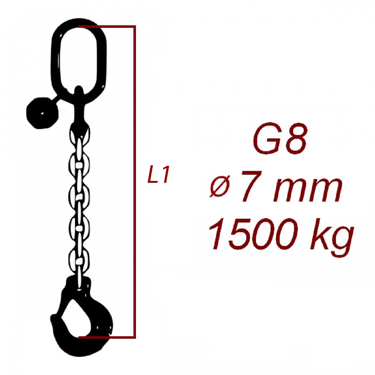 Vázací řetěz třídy 8 jednopramenný, oko-hák, průměr 7mm, nosnost 1500kg