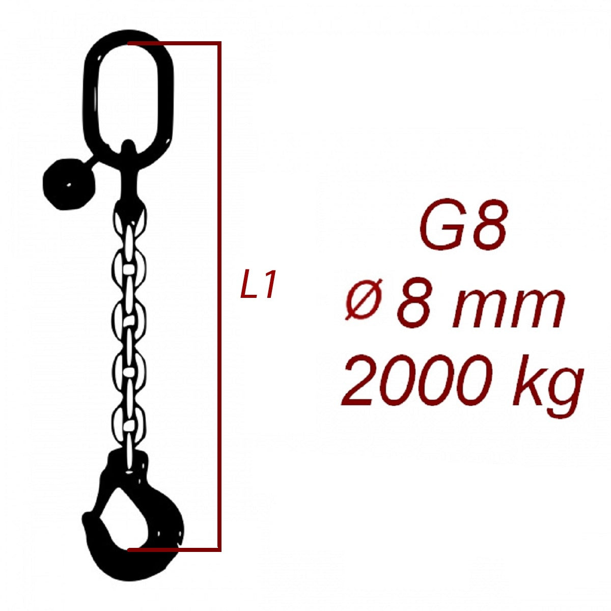 Vázací řetěz třídy 8 jednopramenný, oko-hák, průměr 8mm, nosnost 2000kg
