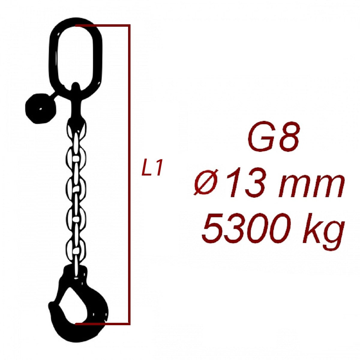 Vázací řetěz třídy 8 jednopramenný, oko-hák, průměr 13mm, nosnost 5300kg