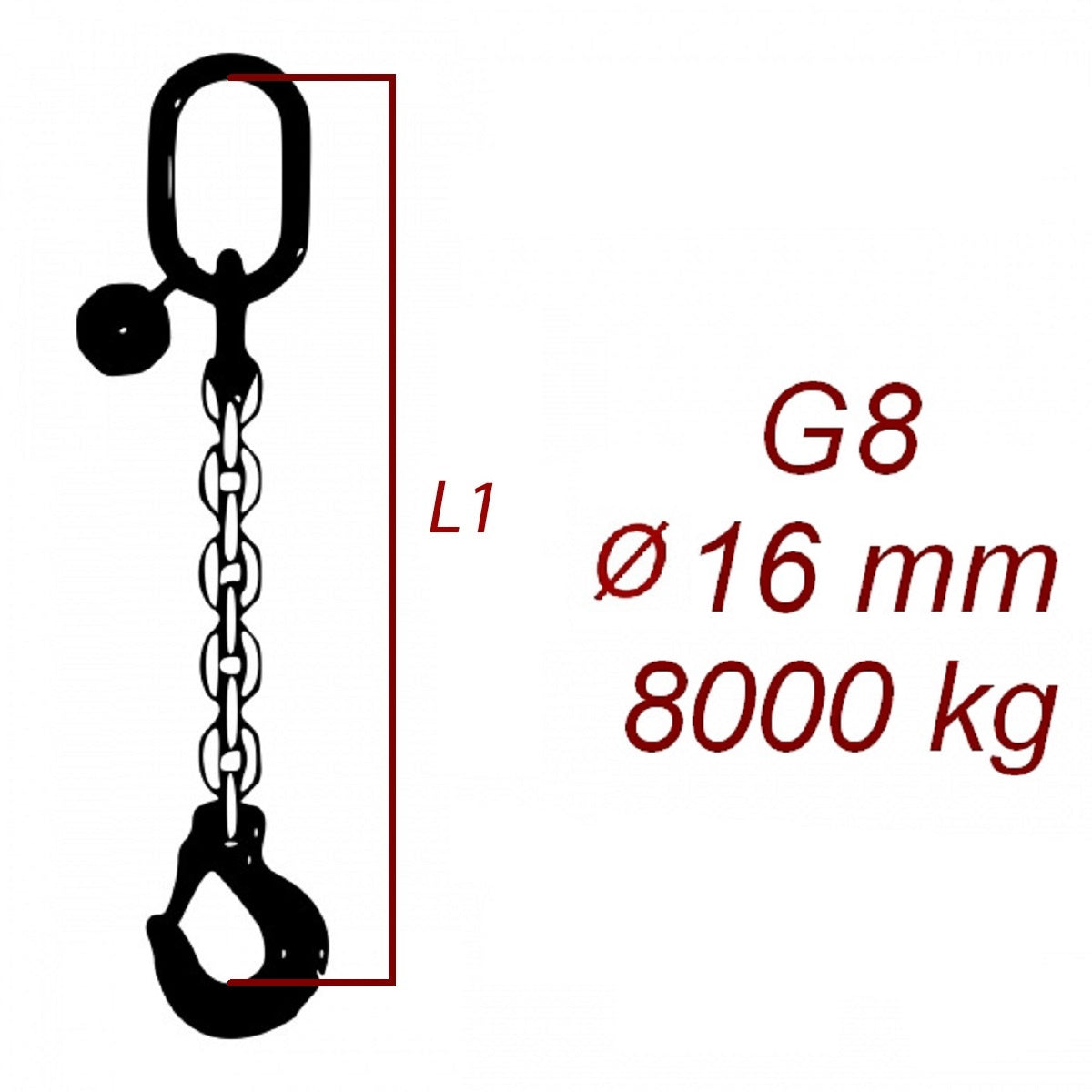 Vázací řetěz třídy 8 jednopramenný, oko-hák, průměr 16mm, nosnost 8000kg