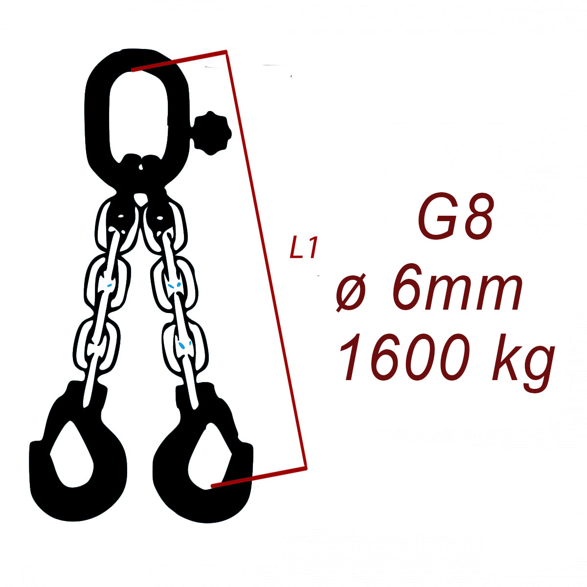 Vázací řetěz třídy 8 dvoupramenný, oko-hák, průměr 6mm, nosnost 1600kg