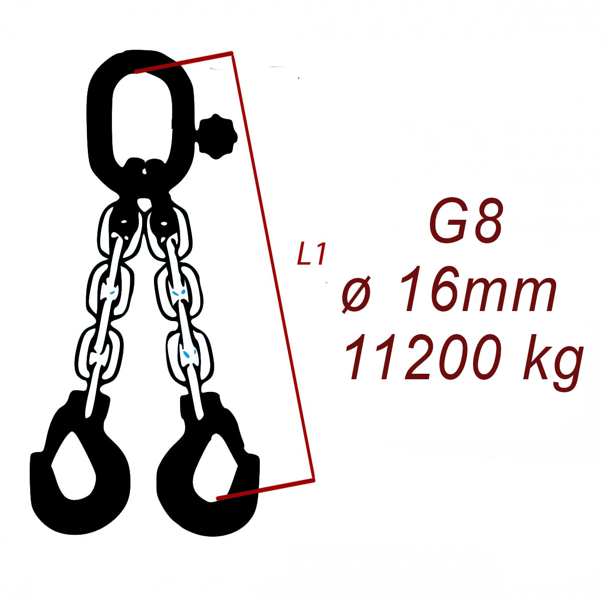 Vázací řetěz třídy 8 dvoupramenný, oko-hák, průměr 16mm, nosnost 11200kg