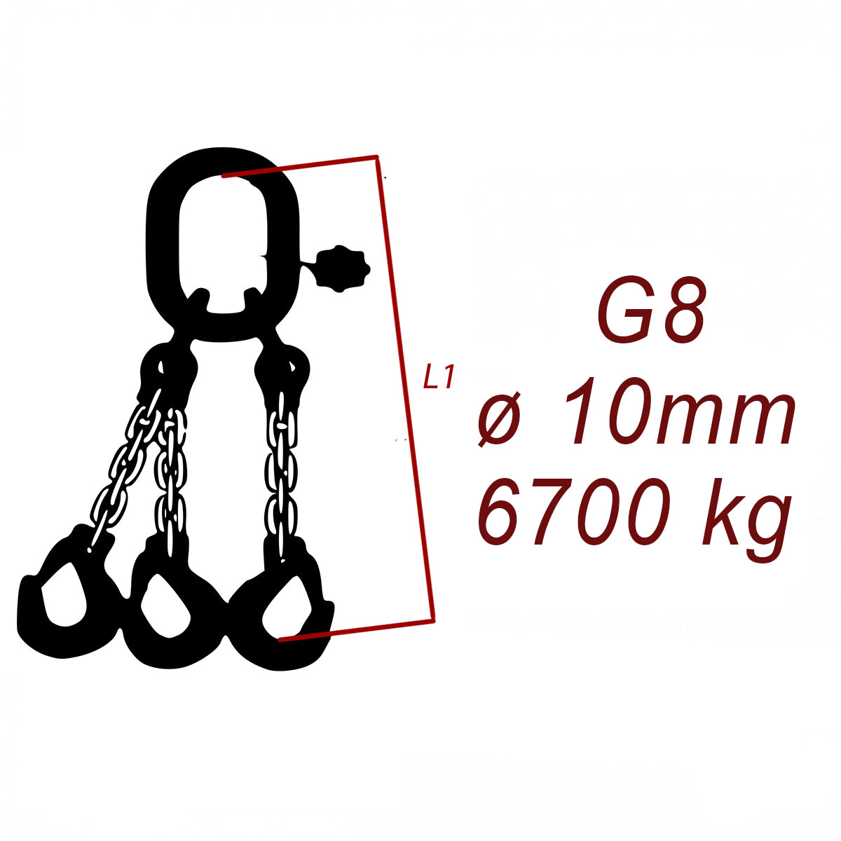 Vázací řetěz třídy 8 třípramenný, oko-hák, průměr 10mm, nosnost 6700kg