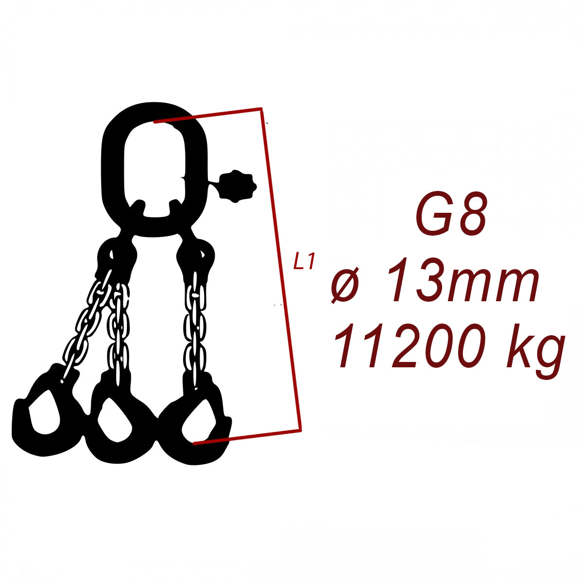 Vázací řetěz třídy 8 třípramenný, oko-hák, průměr 13mm, nosnost 11200kg