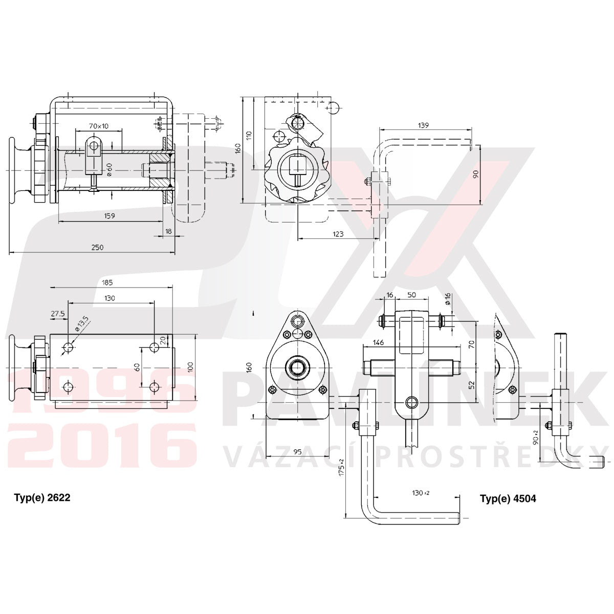 Upínací naviják - ocelové lano nebo textilní pás 2622 se šnekovou převodovkou 4504