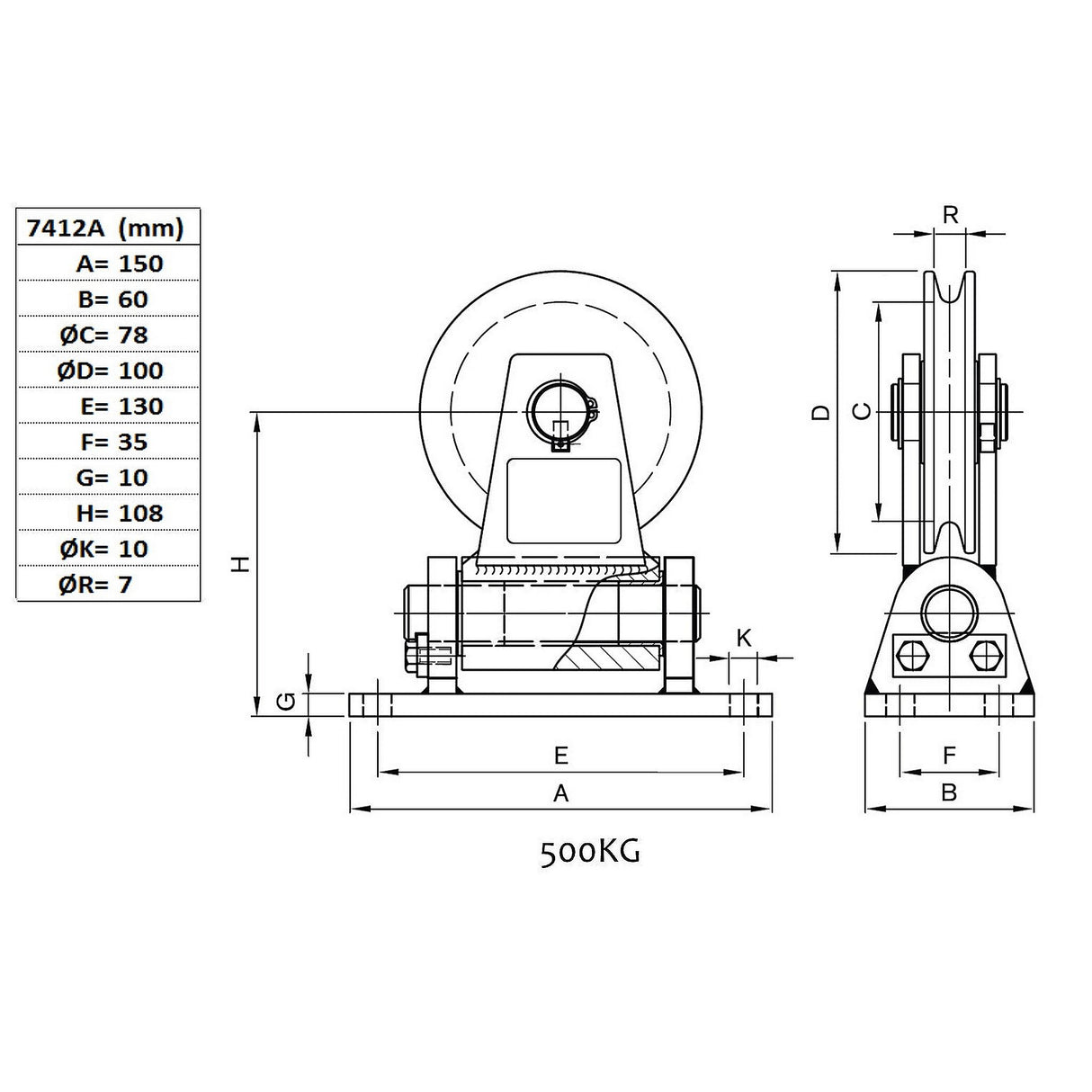 Kladka s přírubou výkyvná, typ 74, s kuličkovým ložiskem, nosnost 500 a 1000kg