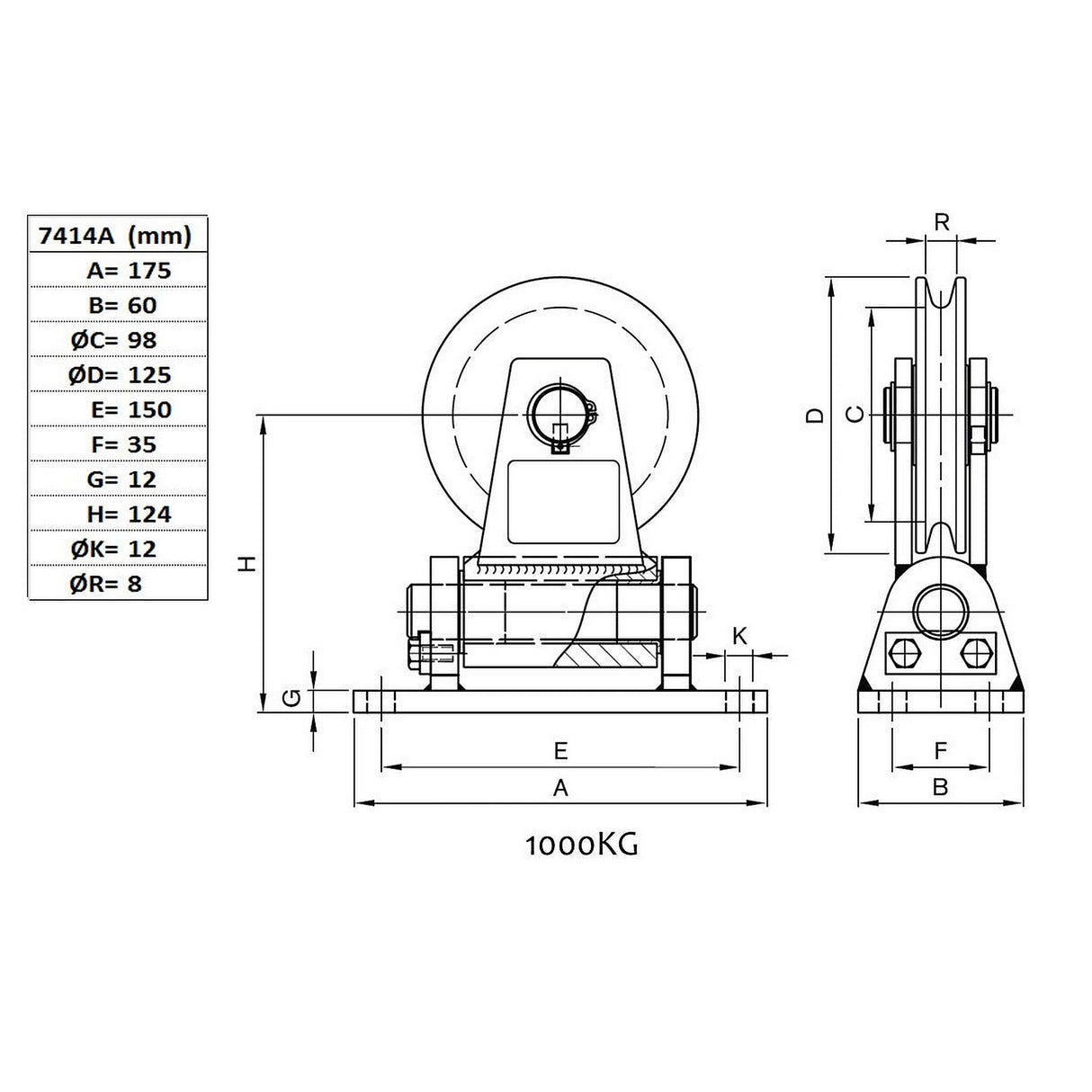 Kladka s přírubou výkyvná, typ 74, s kuličkovým ložiskem, nosnost 500 a 1000kg