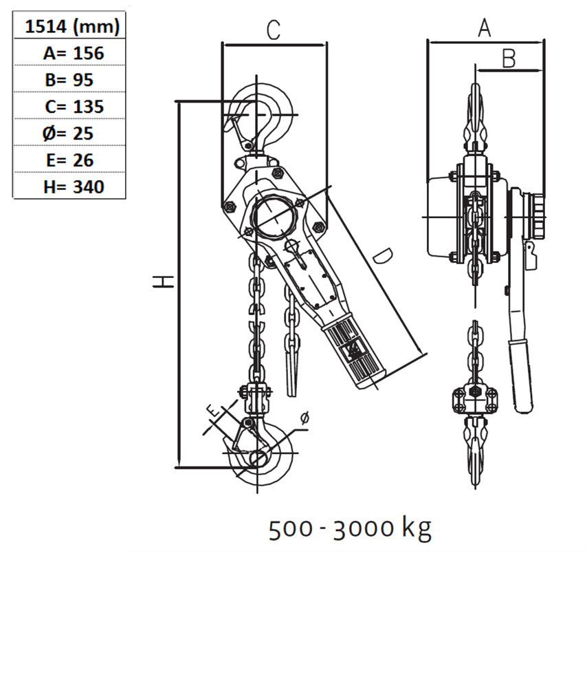 Řetězový řehtačkový zvedák, typ 1514, nosnost 1000kg