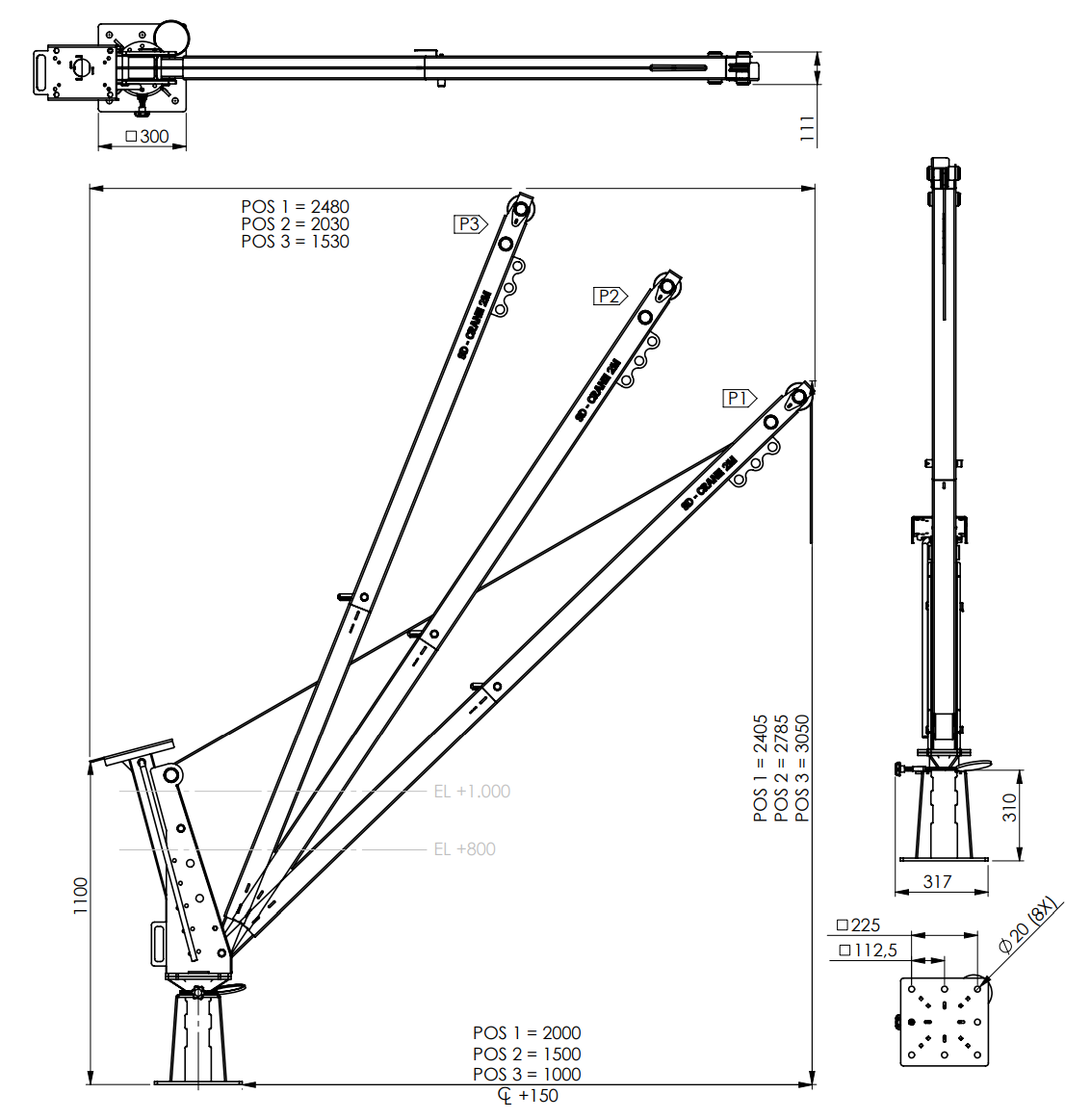 Otočný jeřáb SD900 nosnost 900/600kg, dosah až 2m, GEBUWIN