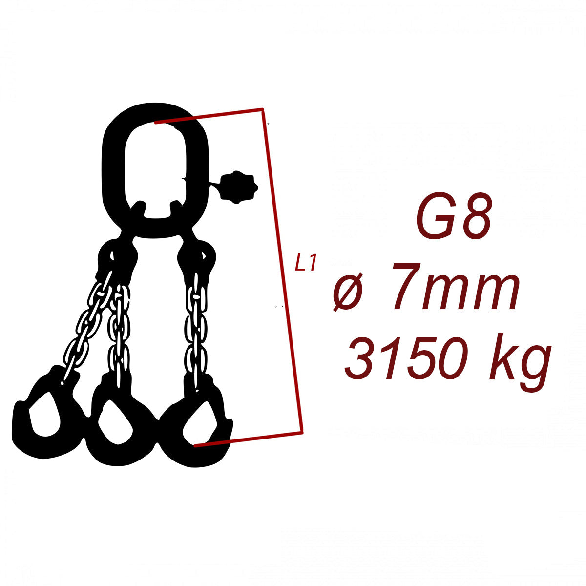 Vázací řetěz třídy 8 třípramenný, oko-hák, průměr 7mm, nosnost 3150kg