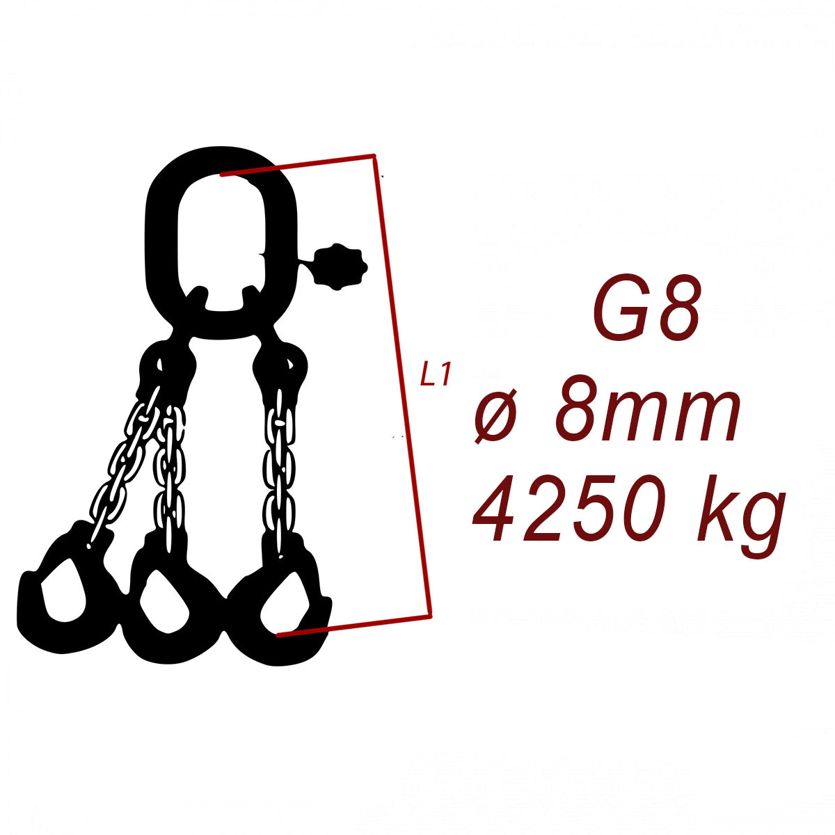 Vázací řetěz třídy 8 třípramenný, oko-hák, průměr 8mm, nosnost 4250kg