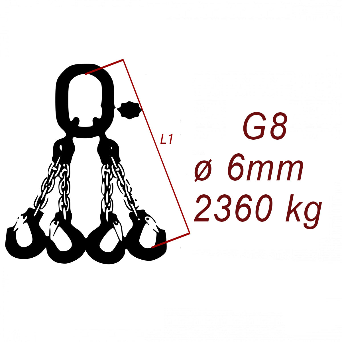 Vázací řetěz třídy 8 čtyřpramenný, oko-hák, průměr 6mm, nosnost 2360kg