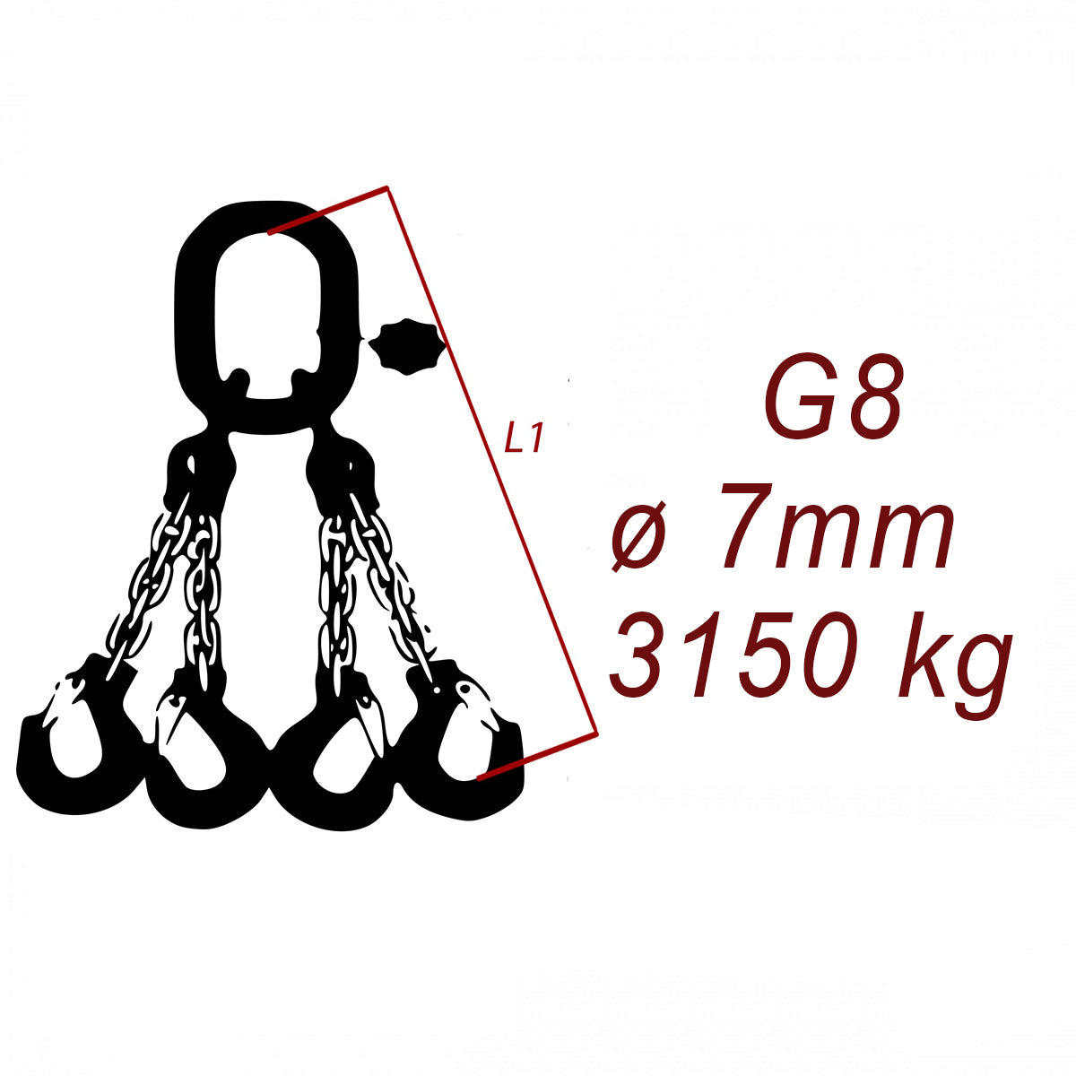 Vázací řetěz třídy 8 čtyřpramenný, oko-hák, průměr 7mm, nosnost 3150kg