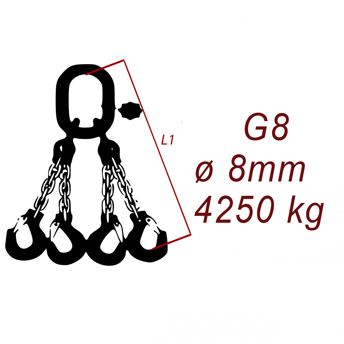Vázací řetěz třídy 8 čtyřpramenný, oko-hák, průměr 8mm, nosnost 4250kg
