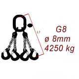 Vázací řetěz třídy 8 čtyřpramenný, oko-hák, průměr 8mm, nosnost 4250kg