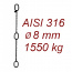 CPK 8, nerezový převěsný řetěz, 8x24mm, třída 6, AISI 316L, nosnost 1550kg, délka 7m