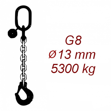 Vázací řetěz třídy 8 jednopramenný, oko-hák, průměr 13mm, nosnost 5300kg