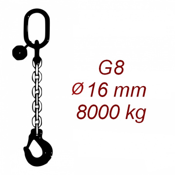 Vázací řetěz třídy 8 jednopramenný, oko-hák, průměr 16mm, nosnost 8000kg