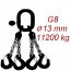 Vázací řetěz třídy 8 čtyřpramenný, oko-hák, průměr 13mm, nosnost 11200kg, délka 1,5m