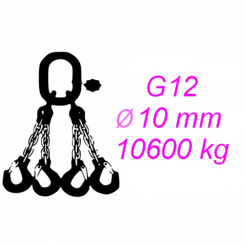 Vázací řetěz tř.12, čtyřpramenný, oko-hák, 10mm, nosnost 10600kg