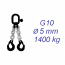 Vázací řetěz třídy 10, dvoupramenný, oko-hák, 5mm, nosnost 1400kg, délka 1,5m