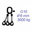 Vázací řetěz třídy 10, třípramenný, oko-hák, 6mm, nosnost 3000kg, délka 2,5m