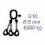 Vázací řetěz třídy 10, třípramenný, oko-hák, 8mm, nosnost 5300kg, délka 1,5m
