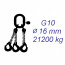 Vázací řetěz třídy 10, třípramenný, oko-hák, 16mm, nosnost 21200kg, délka 1,5m