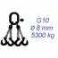 Vázací řetěz třídy 10, čtyřpramenný, oko-hák, 8mm, nosnost 5300kg, délka 1,5m