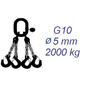 Vázací řetěz třídy 10, čtyřpramenný, oko-hák, průměr 5mm, nosnost 2000kg