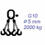 Vázací řetěz třídy 10, čtyřpramenný, oko-hák, 5mm, nosnost 2000kg, délka 1,5m