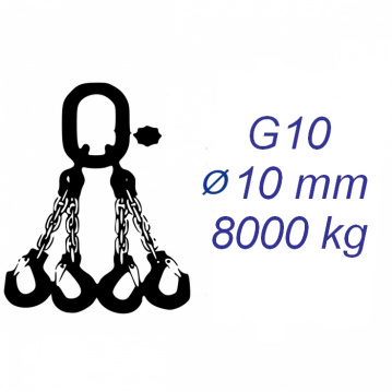 Vázací řetěz třídy 10, čtyřpramenný, oko-hák, průměr 10mm, nosnost 8000kg