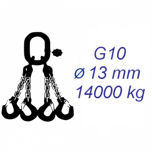 Vázací řetěz třídy 10, čtyřpramenný, oko-hák, průměr 13mm, nosnost 14000kg