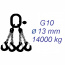 Vázací řetěz třídy 10, čtyřpramenný, oko-hák, 13mm, nosnost 14000kg, délka 1,5m