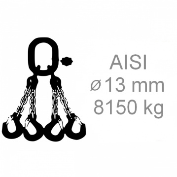 Nerezový vázací řetěz čtyřpramenný svařovaný, oko-hák, 13mm, nosnost 8150kg
